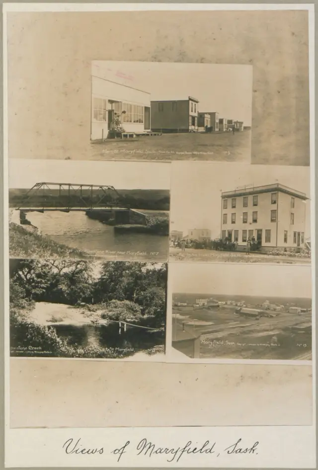 Views of Maryfield: main street, bridge, hotel, creek and town overview